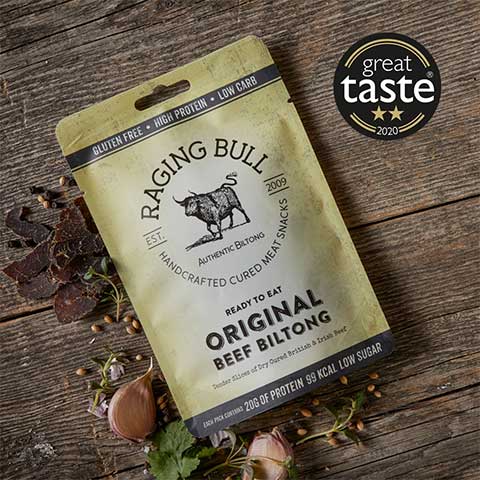 Raging Bull Snacks Original Beef Chilli Beef Biltong from Raging Bull Snacks high in protein and low in carbs. Great Taste Award from Guild of Fine Food