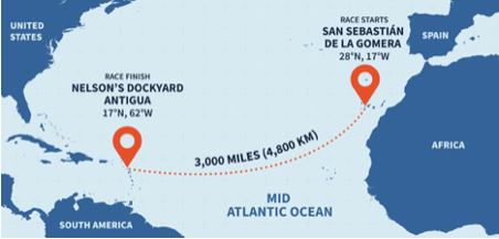 A map showing the route of The Talisker Whisky Atlantic Challenge which Army Force Atlantic rowed with some help from Raging Bull Snacks